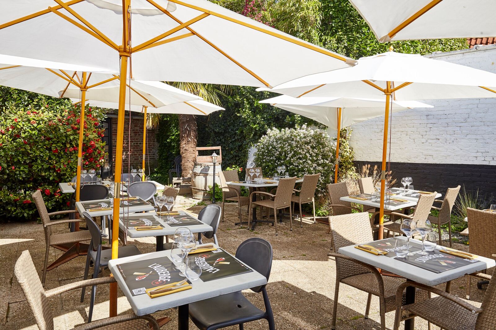 Terrasse de L'Auberge de Mouvaux : tables dressées, camélias et palmier